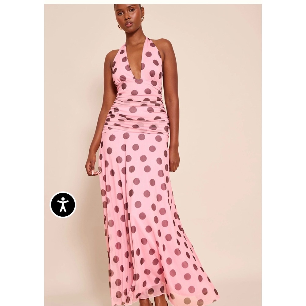 PrettyLittleThing Pink Polka Dot Mesh Halter Ruched Maxi Dress 2 Y2K Fairy Party
